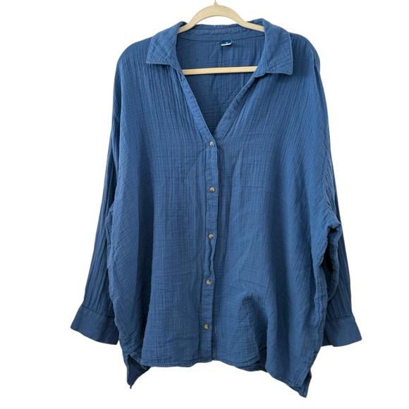 Old Navy 2X Blue Gauze Cotton Button Down Shirt Long Sleeve Plus Size Top - Picture 1 of 4